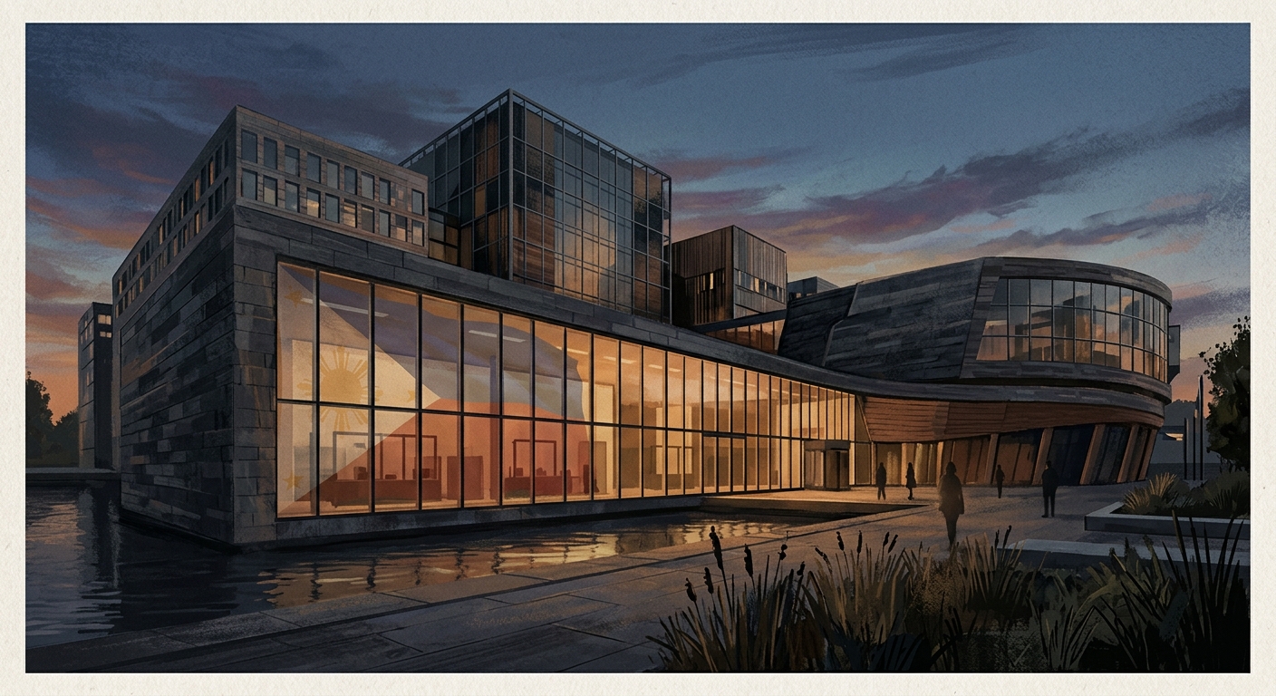 Editorial illustration: the exterior of the International Criminal Court building in The Hague at dusk, glass facade lit from within, Philippine flag element subtly integrated in reflection.