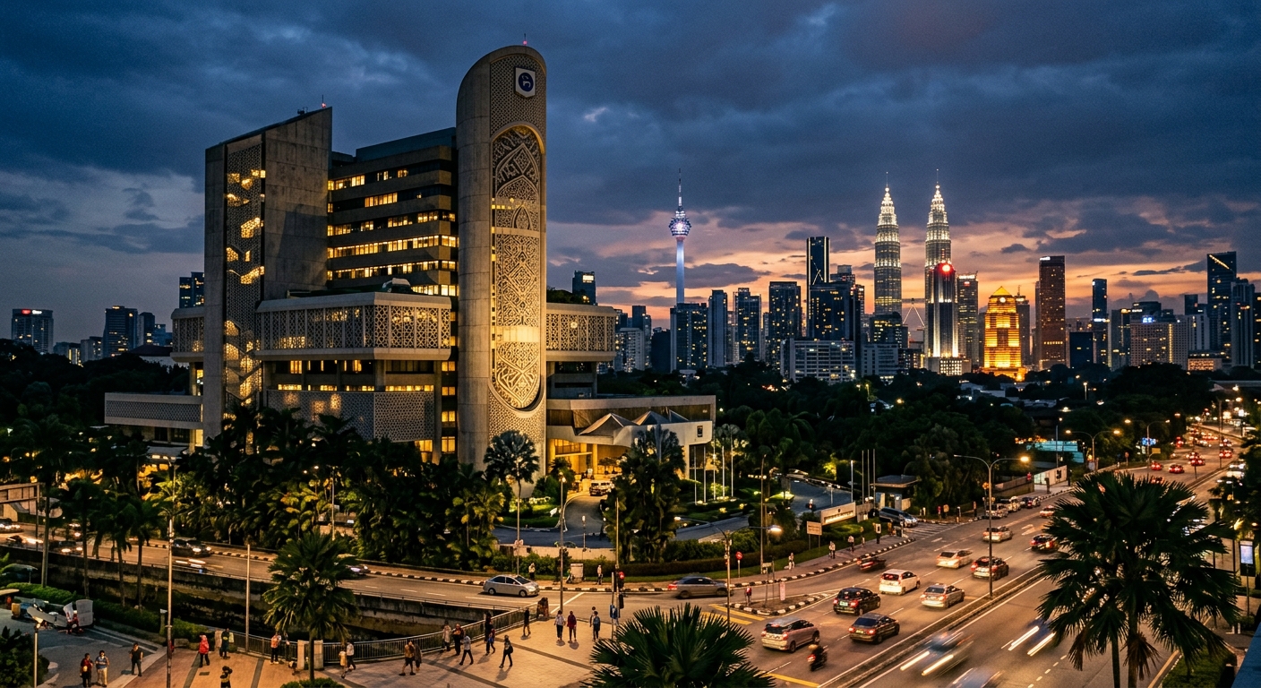 The Bank Negara Malaysia headquarters building in Kuala Lumpur at dusk
