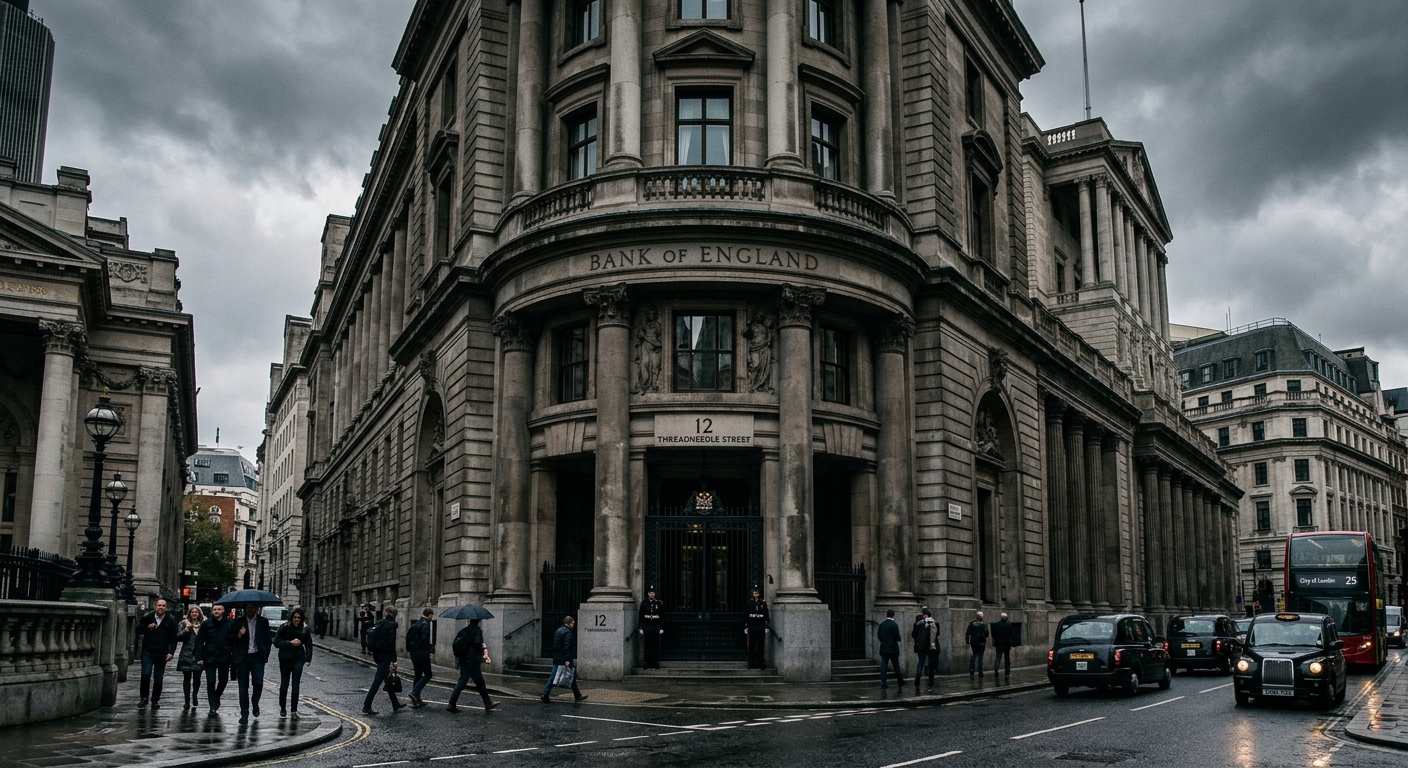 Bank of England building exterior in London on an overcast day, with the Threadneedle Street facade prominent.