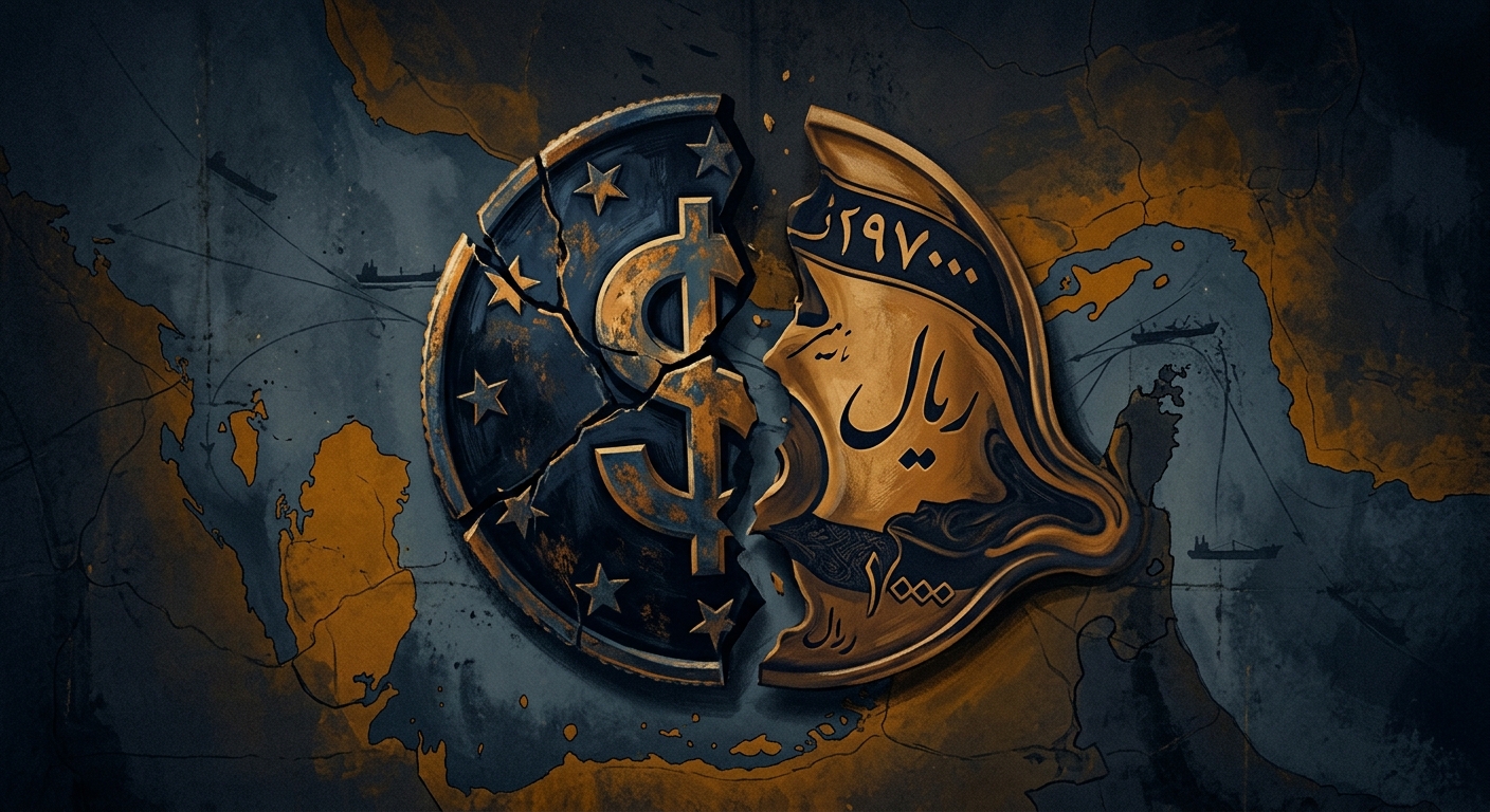 Editorial illustration: a digital US dollar stablecoin token cracked in half, one half morphing into Iranian rial, superimposed over a faded map of the Strait of Hormuz and Persian Gulf