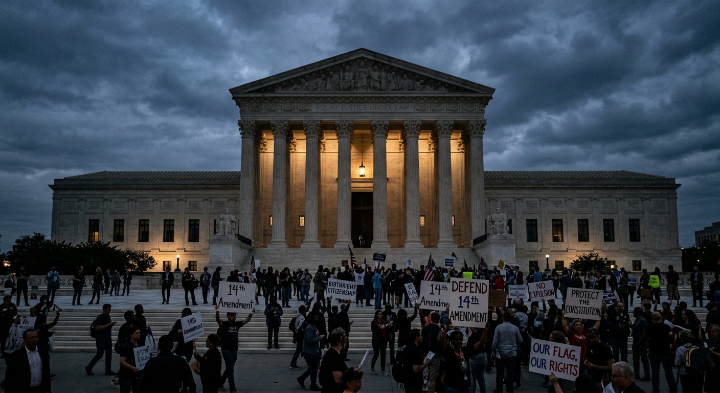 The U.S. Supreme Court building at dusk, wide symmetrical shot with the marble columns front-lit and the pediment shadowed, protesters gathered on the plaza holding placards reading "14th Amendment" and "Birthright Citizenship". Photojournalistic, muted color palette, editorial.