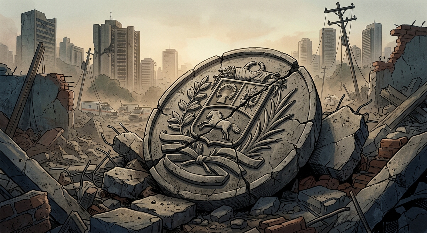 Cracked presidential seal amid rubble in Caracas