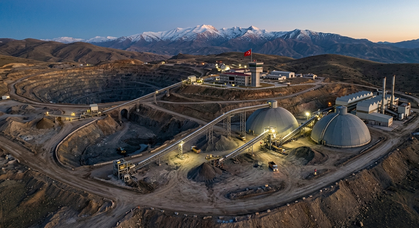 Rare-earth mining and refining site at dusk with stockpile domes and control tower