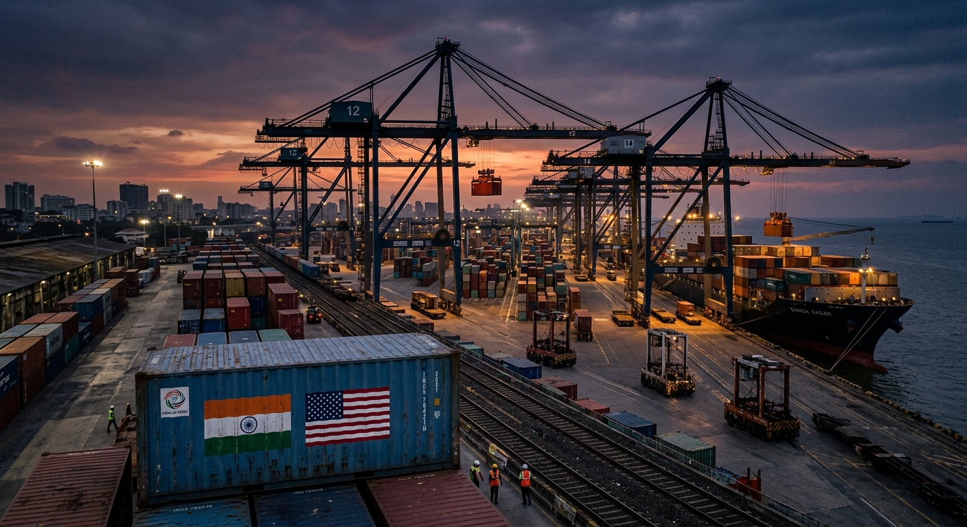 A shipping container port in Mumbai with cranes loading cargo, US and Indian flags visible on a container in foreground, editorial photojournalism style, muted colors, wide shot at dusk