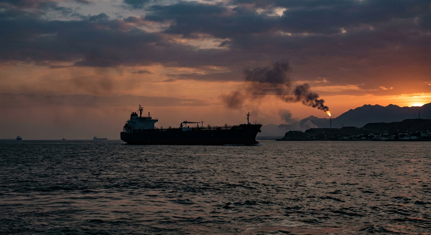 An oil tanker seen from a distance in the Strait of Hormuz at dusk, silhouetted against a hazy horizon, with smoke or a distant flare on the coastline.