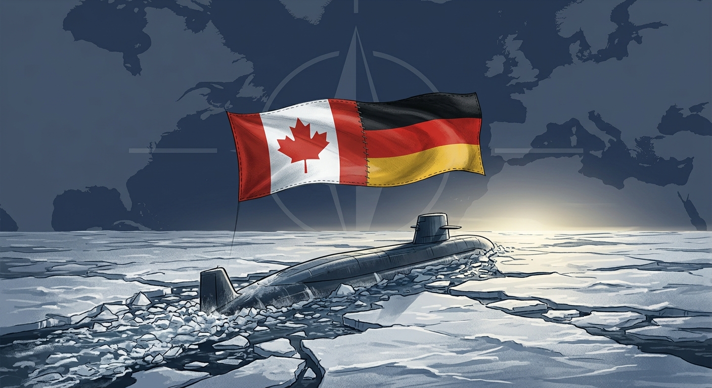 Editorial illustration: Canadian and German flags stitched together over a submarine silhouette in Arctic ice, with a faint NATO star.