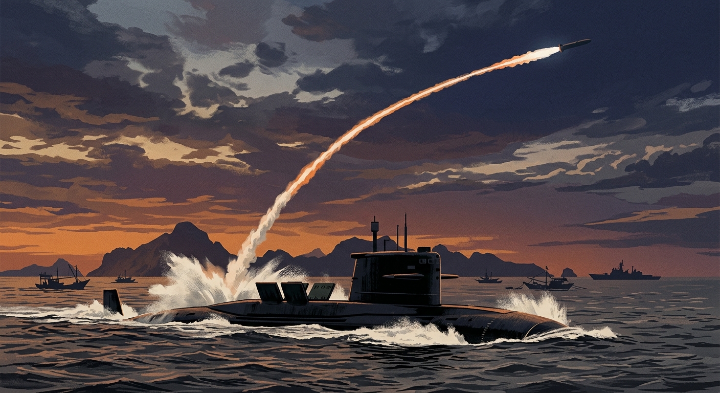 Editorial illustration of a Chinese Type 094 submarine surfacing in the South China Sea at dusk with an SLBM trajectory rising over the Philippines toward the Pacific.