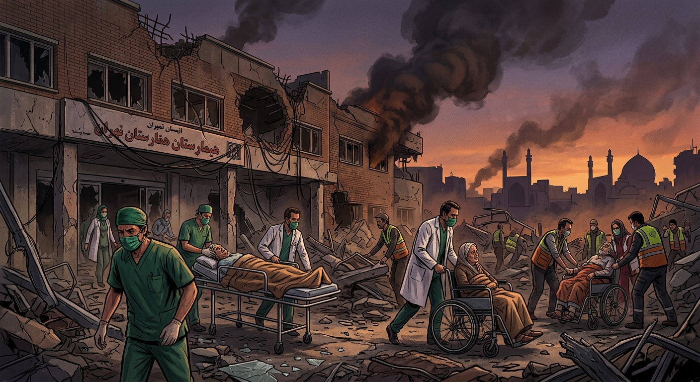 Editorial illustration of a bombed hospital in Tehran at dusk, with medical staff evacuating patients past debris and blown-out windows