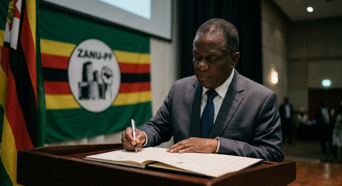 Zimbabwean President Emmerson Mnangagwa at a podium in front of the ZANU-PF party flag, signing a document