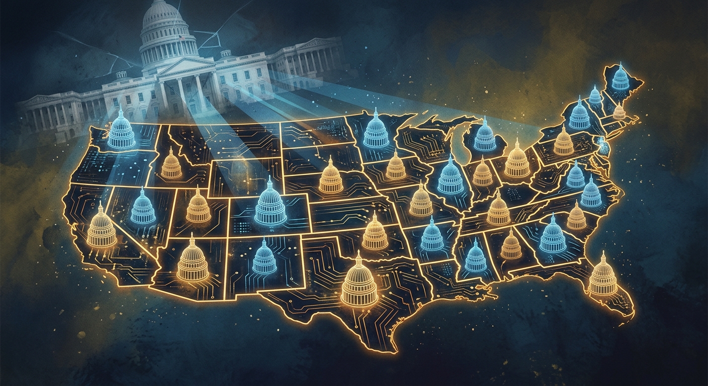 Editorial illustration of state capitol domes wired into a US map with a translucent White House overlaid