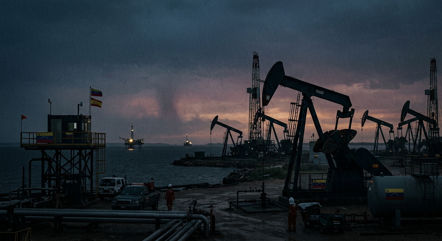 Editorial illustration of Lake Maracaibo oil infrastructure at dusk with Spanish and Venezuelan colours