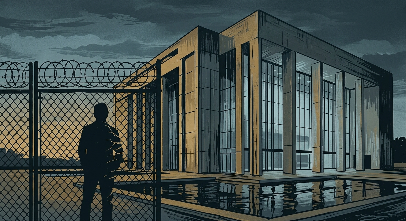 Editorial illustration: the High Court of Australia building in Canberra, with a silhouette of a person behind detention wire fencing dissolving into the columns, muted slate-blue and ochre tones, solemn and authoritative