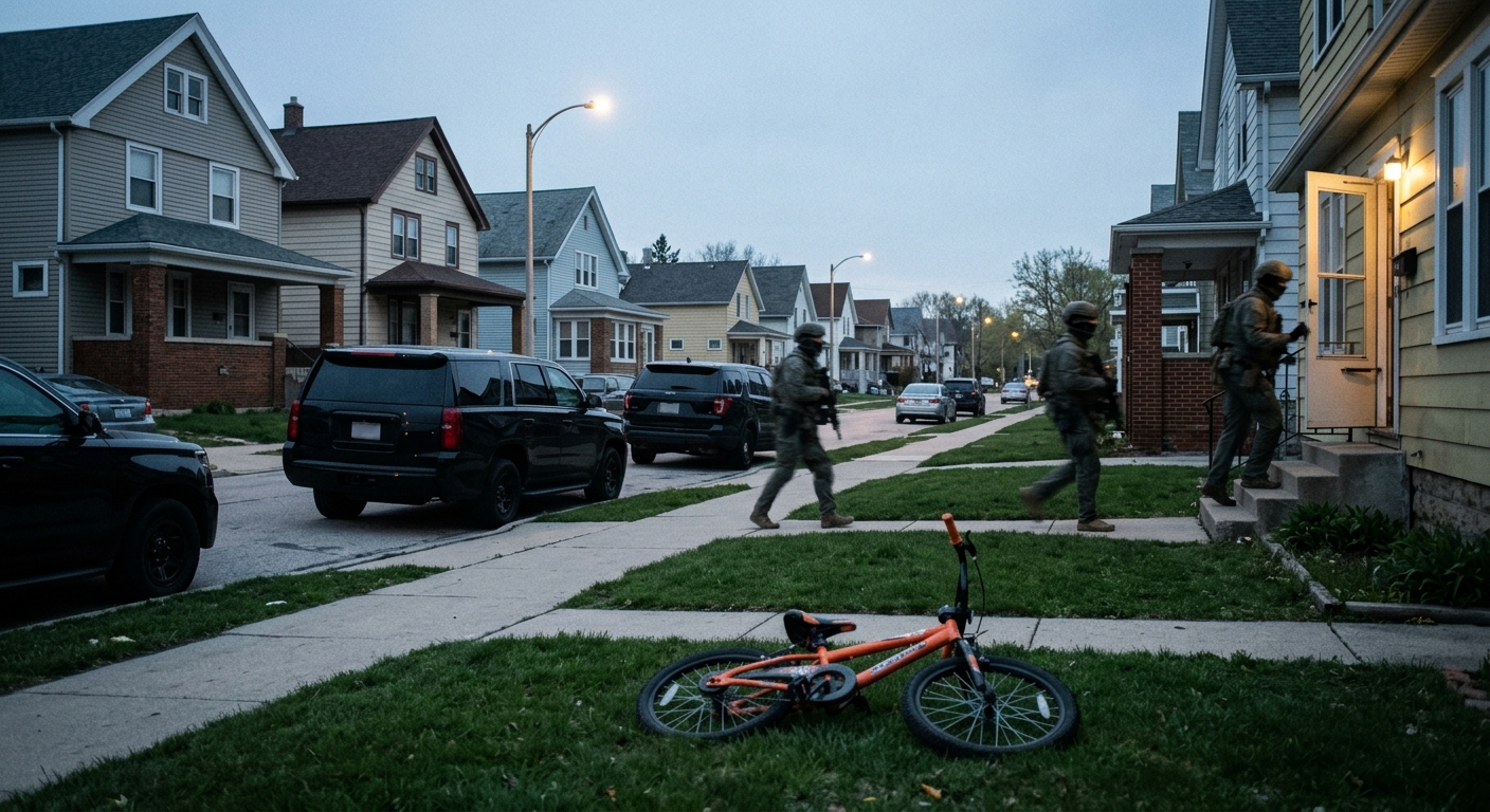 Editorial illustration: A residential street in Milwaukee, Wisconsin, at dawn. Unmarked black SUVs with no license plates parked at odd angles. Blurred figures in tactical gear approach a house.
