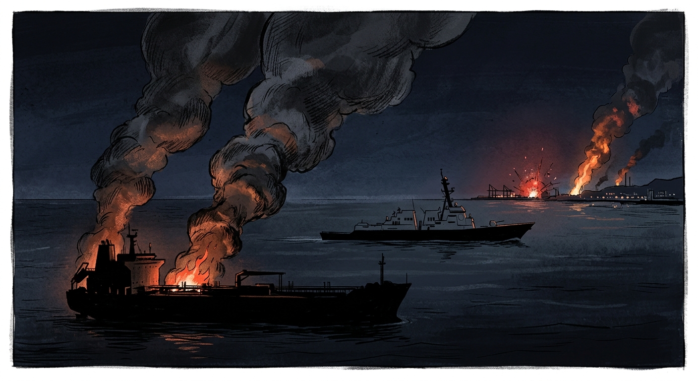 Editorial illustration of a tanker on fire in the Strait of Hormuz with U.S. Navy destroyer patrolling and explosions on the Iranian coast