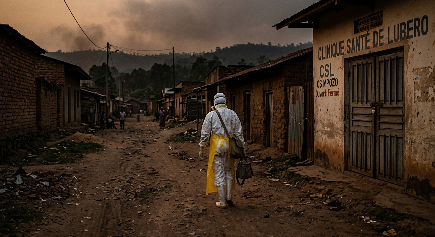 A health worker in full white PPE and yellow apron walks through a dusty street in eastern DR Congo at dusk, past a shuttered clinic. Muted photojournalistic tones, wide shot, no faces visible.