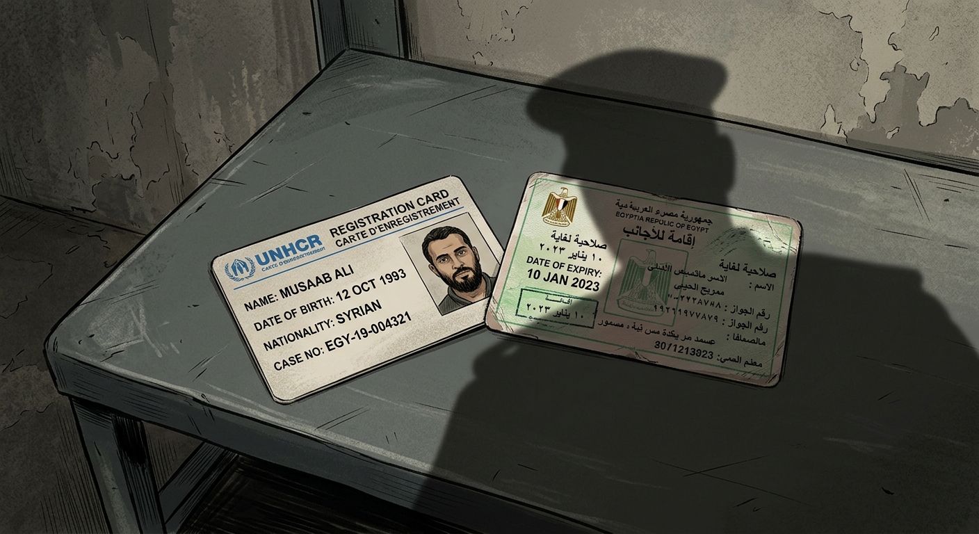 A UNHCR card and expired residency permit on a detention bench