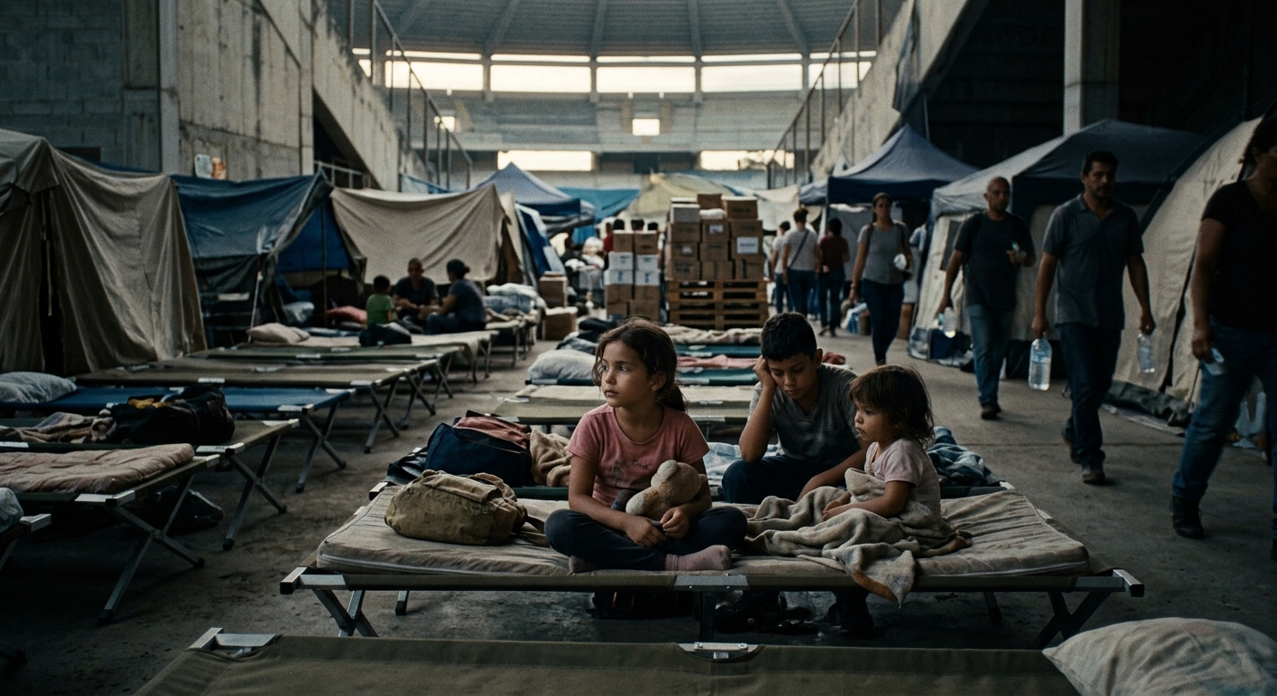 Children in a temporary shelter in a Venezuelan sports stadium, La Guaira, June 2026.