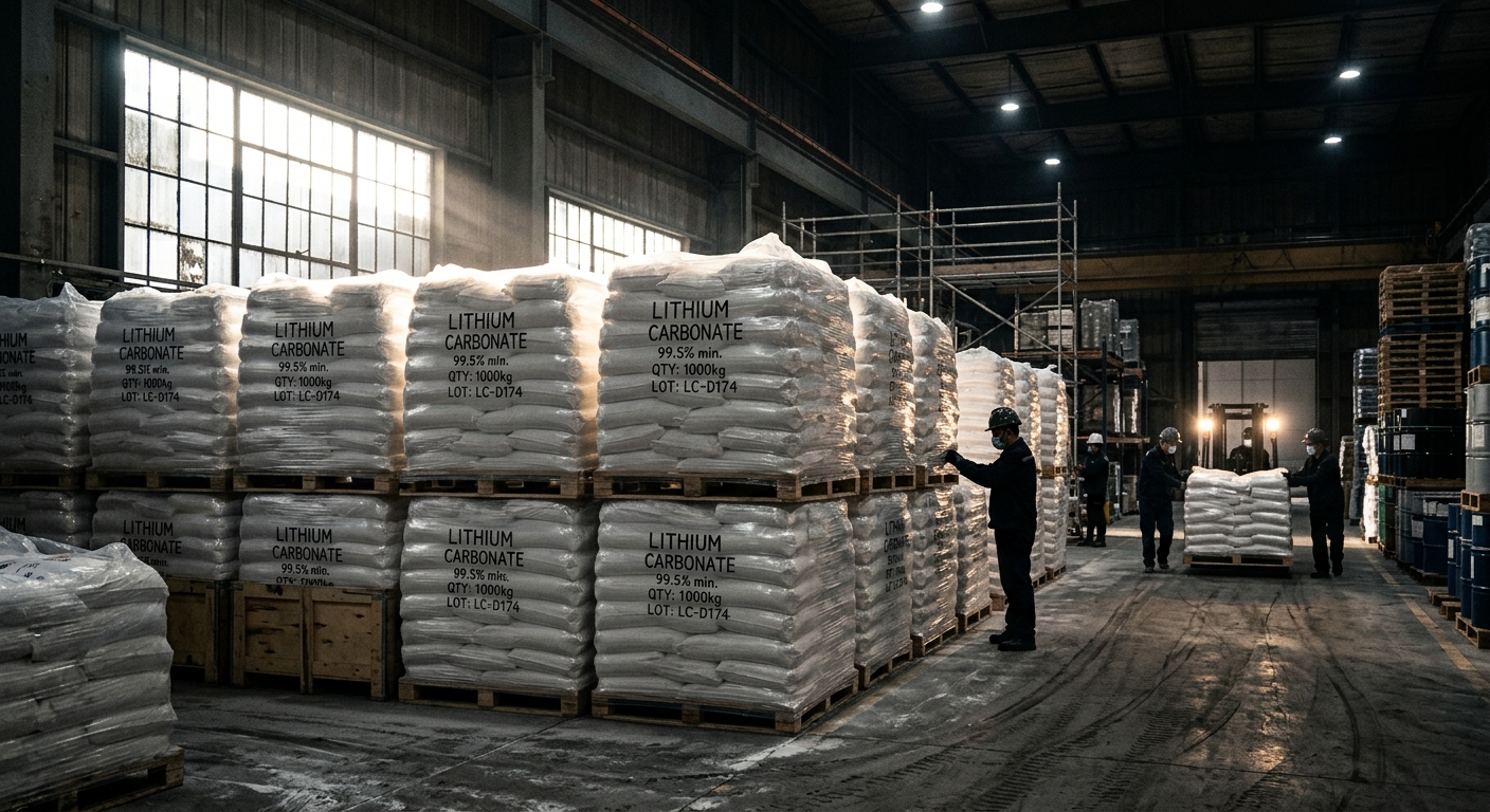 Industrial bags of white lithium carbonate powder stacked in a warehouse facility