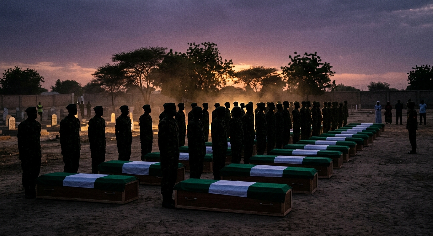 Editorial illustration: silhouette of Nigerian soldiers standing at attention over caskets draped with the Nigerian flag at a military cemetery in Maiduguri, dusk light, somber tone, no visible faces, wide shot