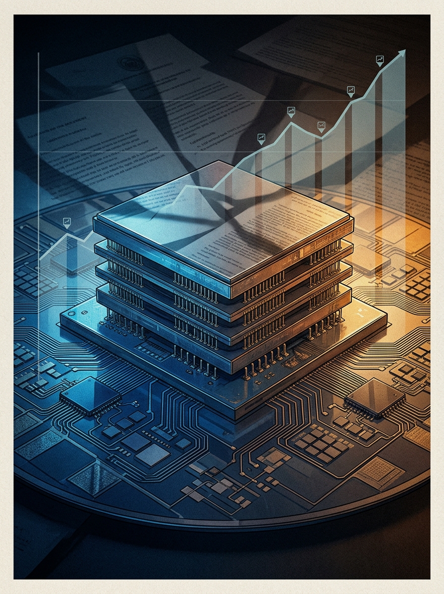 Editorial photo composite: a stack of high-bandwidth memory (HBM) chips on a silicon wafer, with a semi-transparent overlay of a rising price chart and shadows of regulatory documents. Cold blue and amber lighting, high-contrast, magazine cover feel.