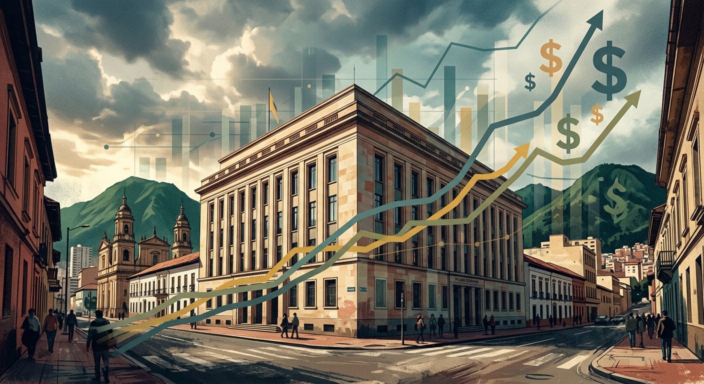 Editorial illustration of Colombia's Ministry of Finance overlaid with rising debt curves
