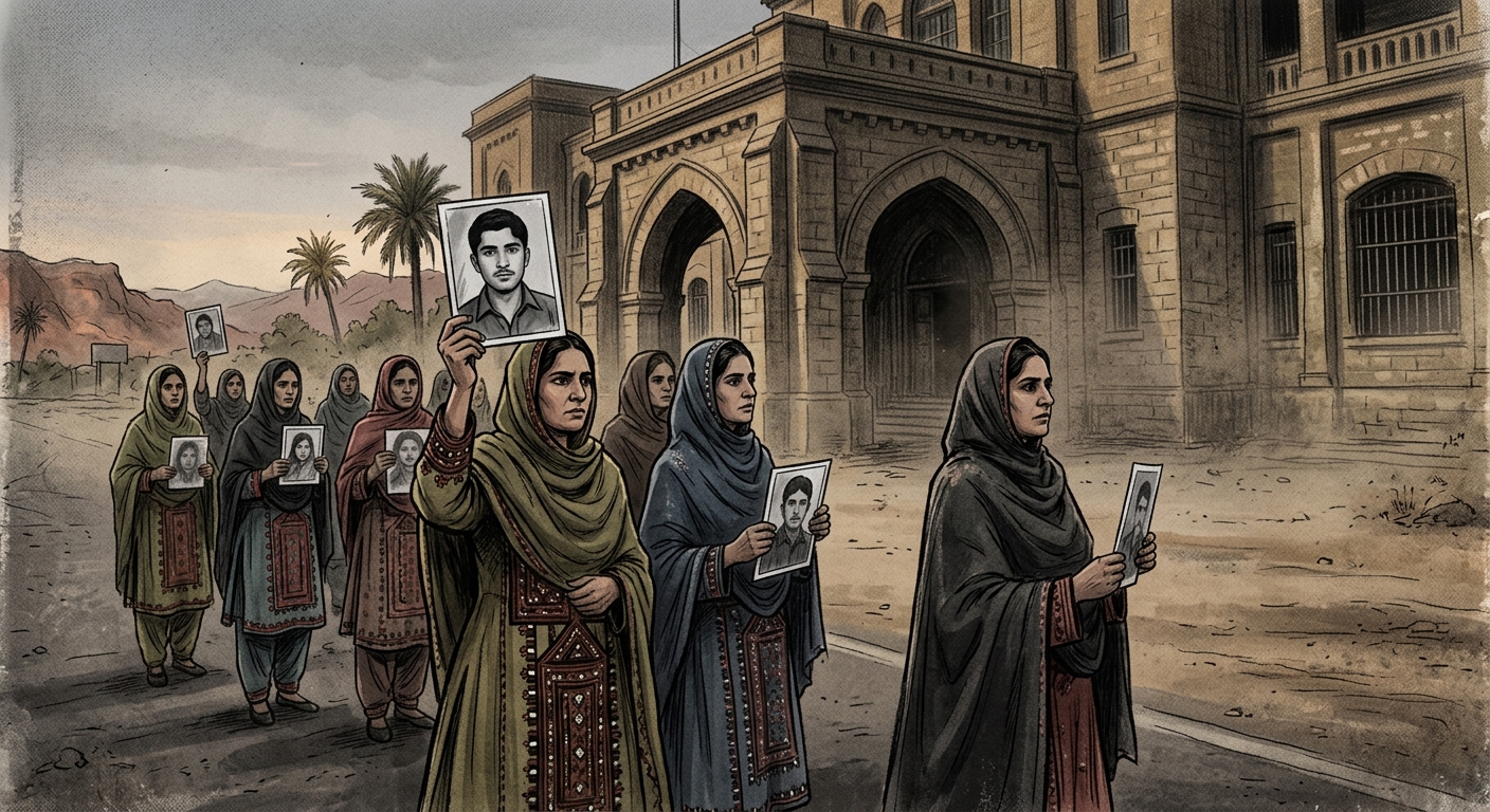 Baloch women protesters holding photographs of missing family members outside a Quetta courthouse