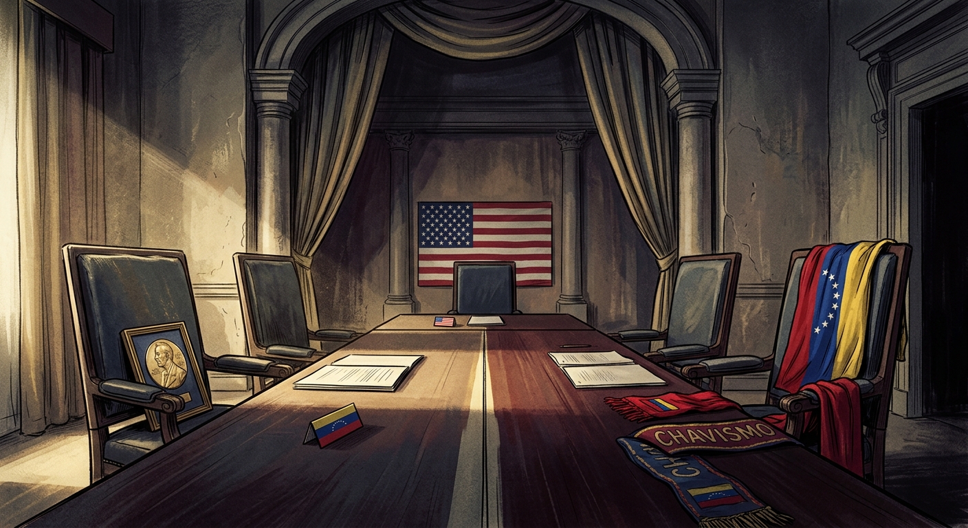 Editorial illustration: a divided negotiating table in Caracas, one side empty chair with a Nobel medal, other side Venezuelan flag and chavismo red; a third smaller seat with a US flag backdrop, symbolizing Washington's mediating role.