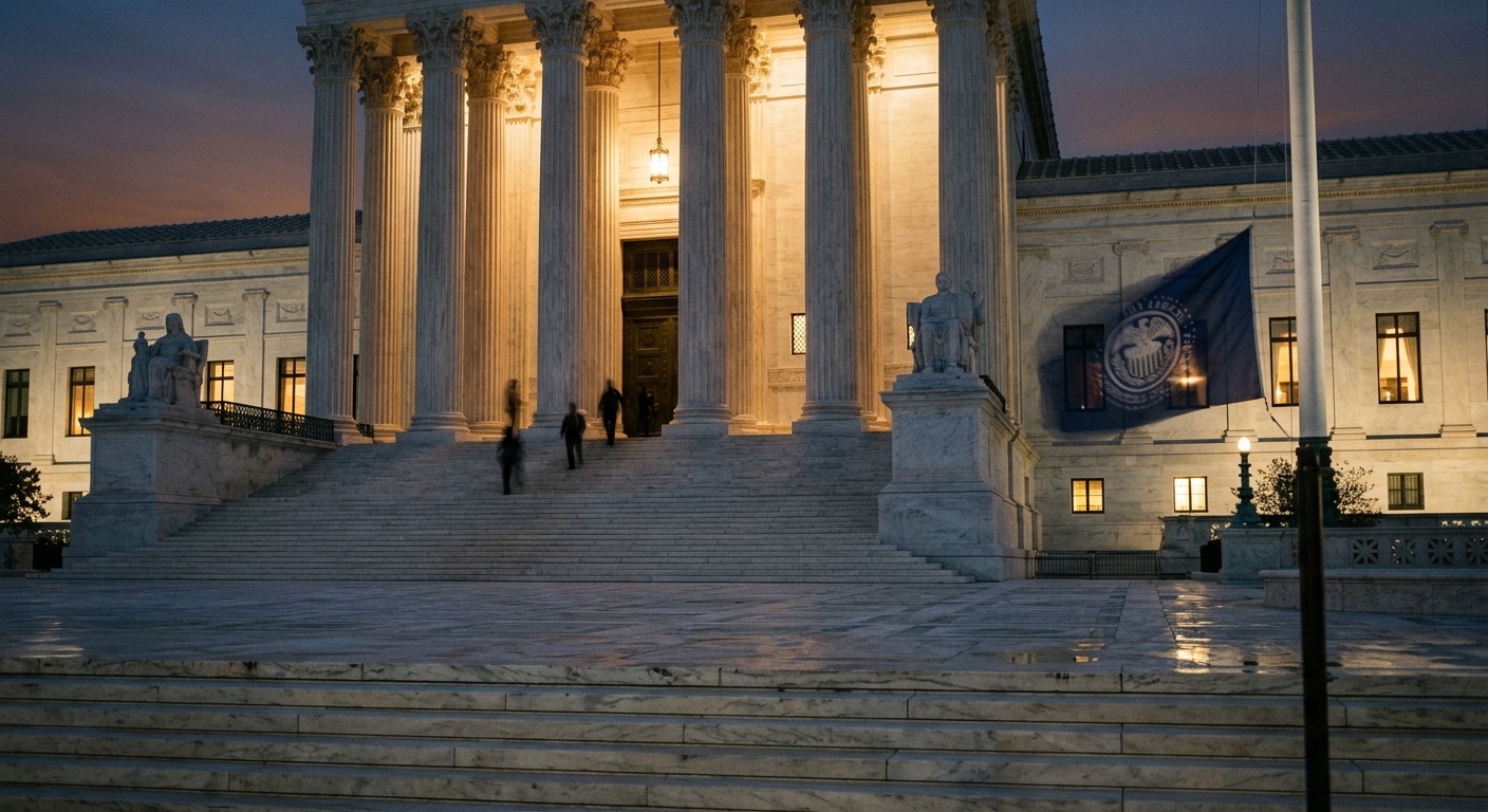 The exterior of the U.S. Supreme Court building at dusk