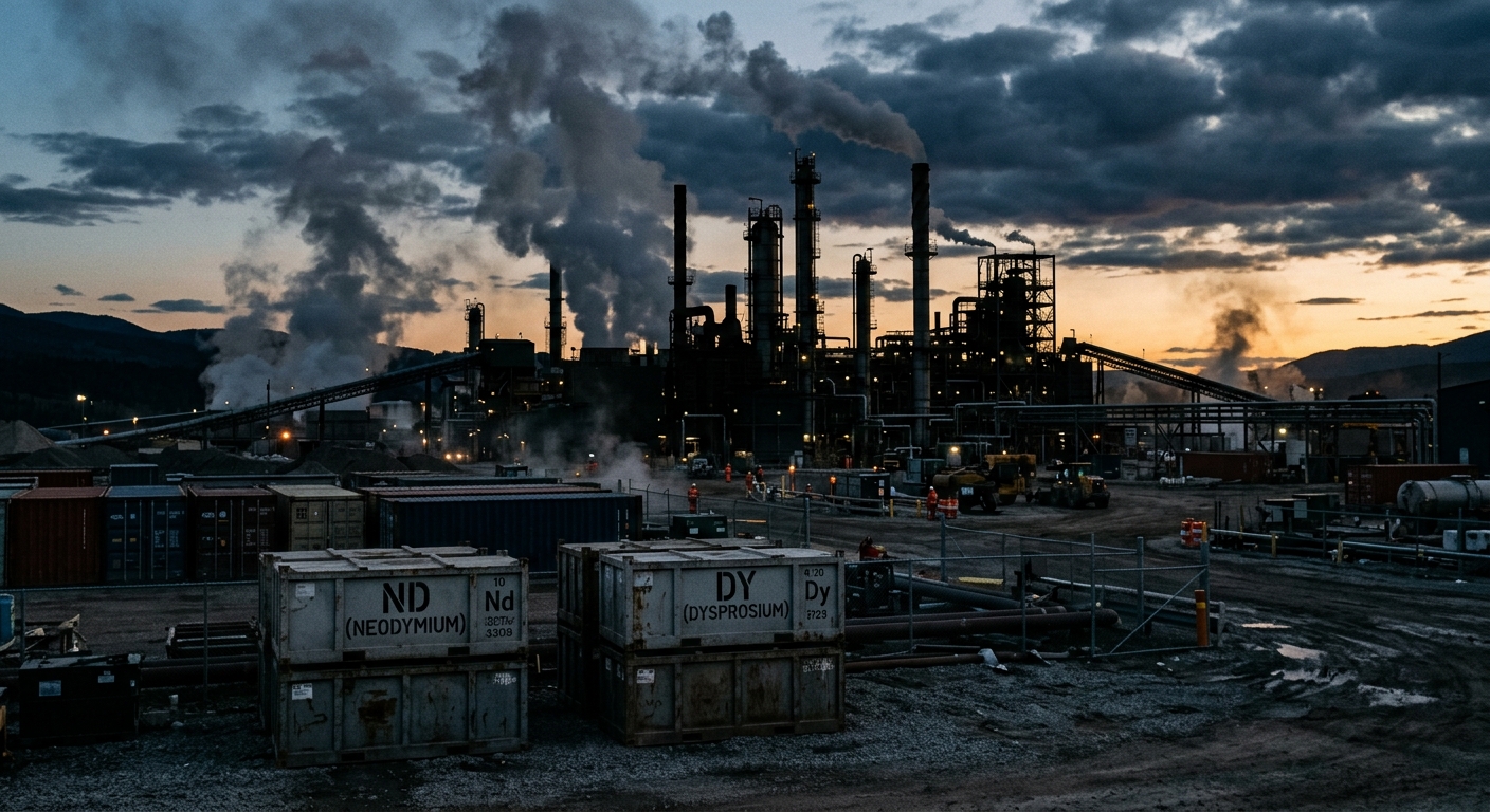 A rare earth processing facility at dusk, with silhouetted refining towers and steam venting against an industrial sky.