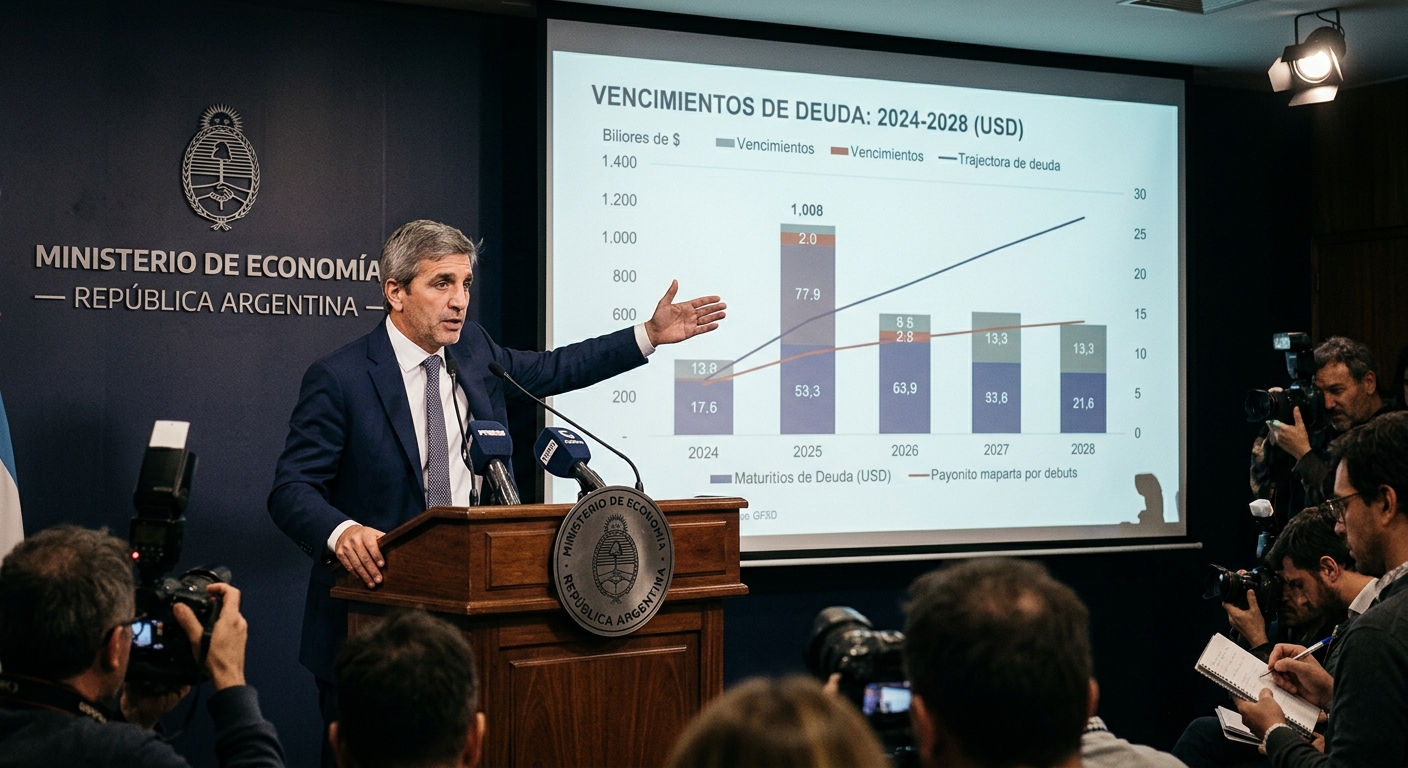 Argentine Economy Minister Luis Caputo at a press conference lectern, Ministerio de Economía backdrop, dark suit, gesturing at a financial chart projected behind him showing debt maturities. Editorial photojournalistic style, muted color palette.