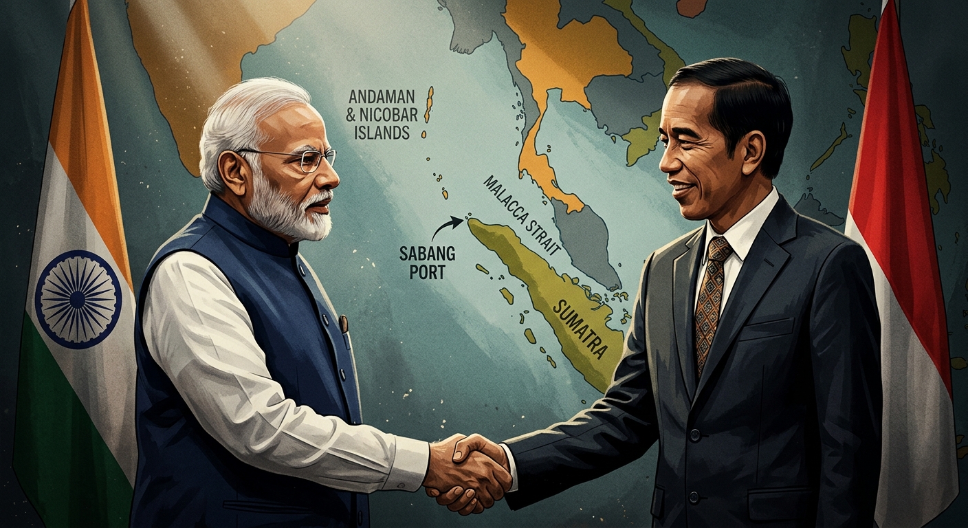 India–Indonesia strategic partnership signing with a map of the Malacca Strait and Sabang port