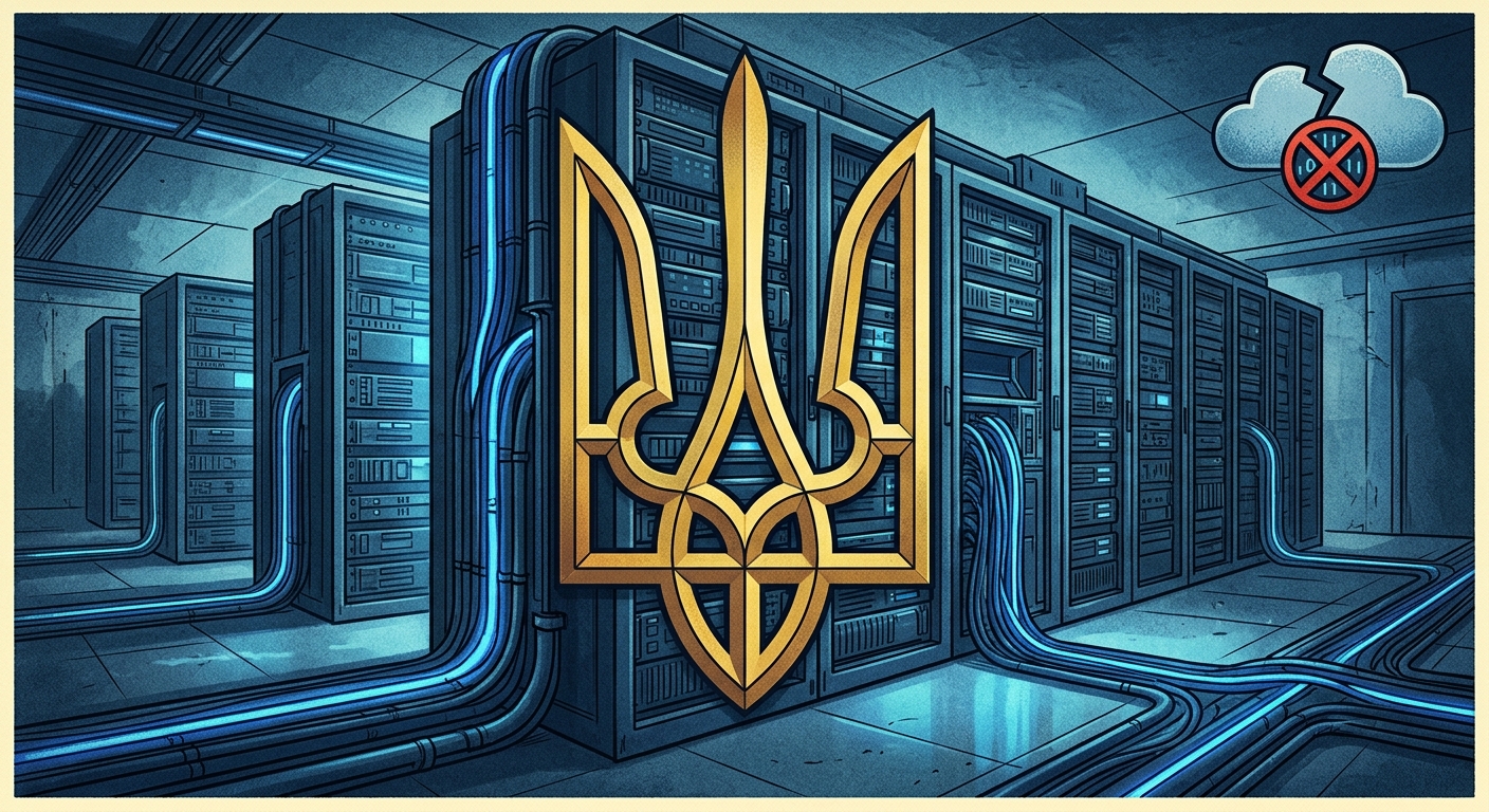 Editorial illustration of a Ukrainian trident over server racks with a broken cloud icon