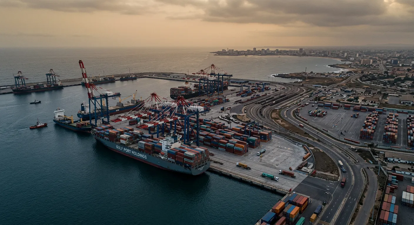Aerial view of a modern deep-water port terminal on the African coast at dusk, with container cranes and cargo ships, symbolizing Gulf capital's acquisition of strategic African infrastructure.