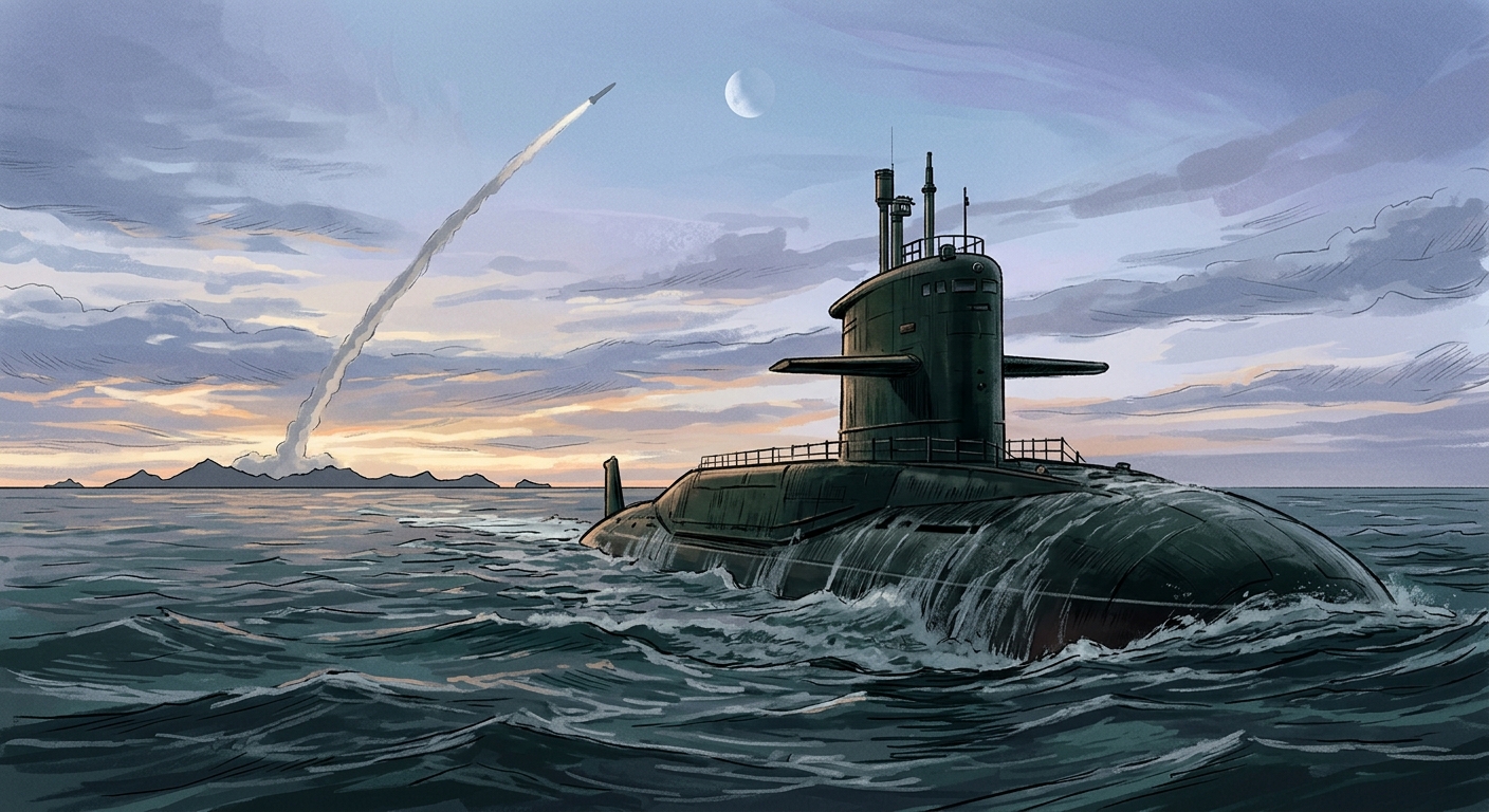 A Chinese Type 094 Jin-class submarine at dawn, with a missile contrail arcing over Pacific waters
