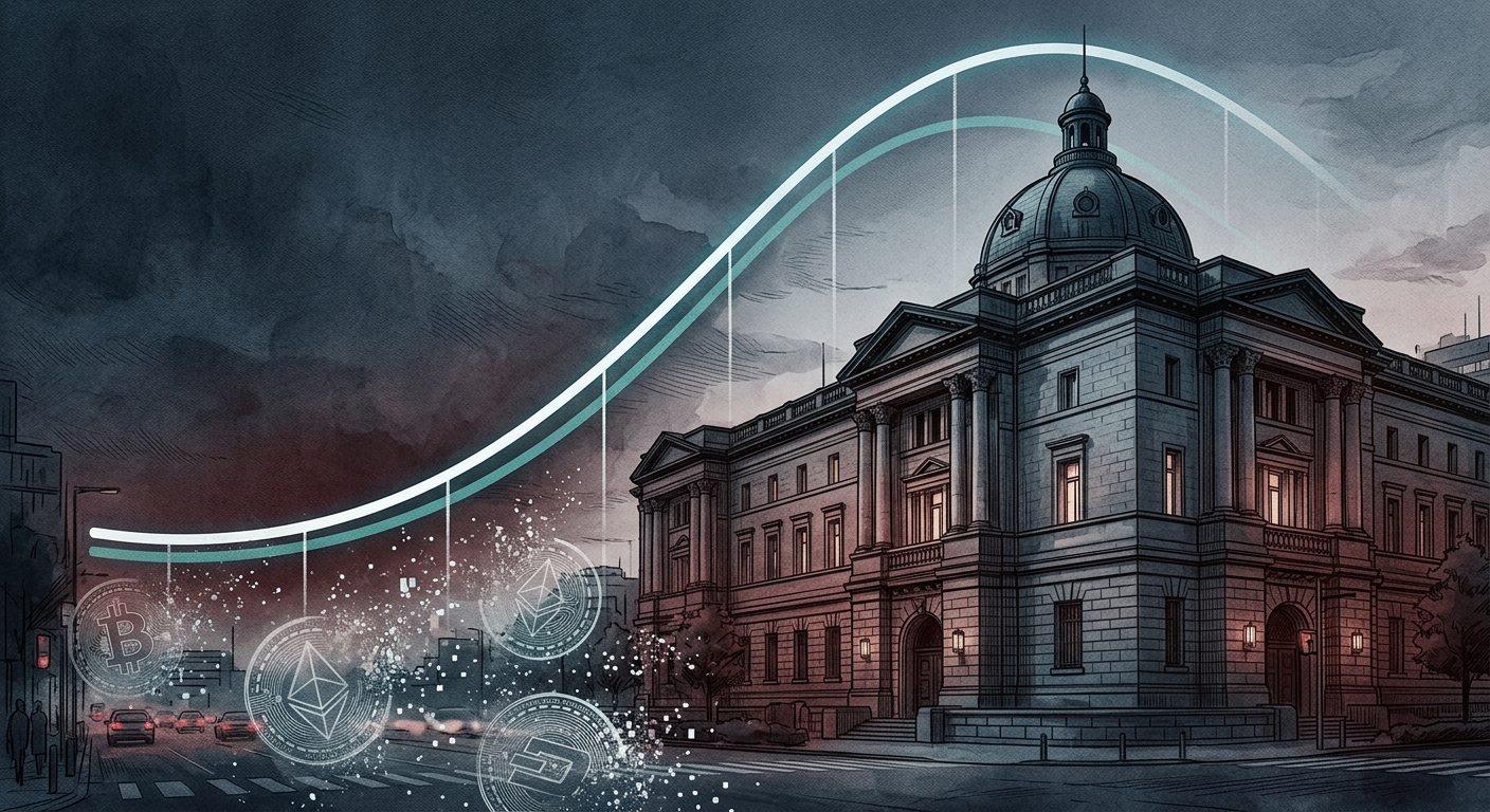Bank of Japan headquarters at dusk with a rising yield curve overlay
