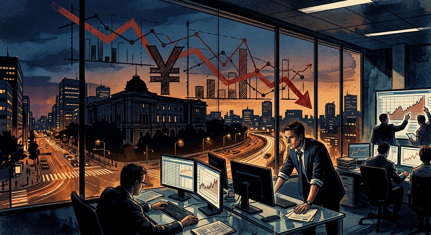 A moody financial newsroom image: Tokyo skyline at dusk with the yen symbol superimposed, a red downward trend line, and a Bank of Japan building silhouette. Dark blue and amber palette, editorial finance magazine style.