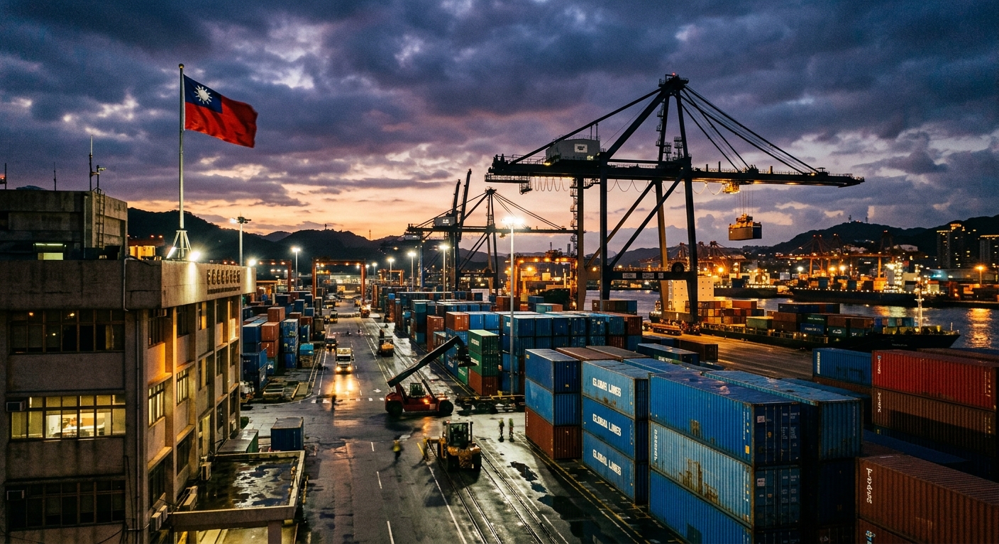 Keelung port at dusk with container stacks and a Taiwanese customs building
