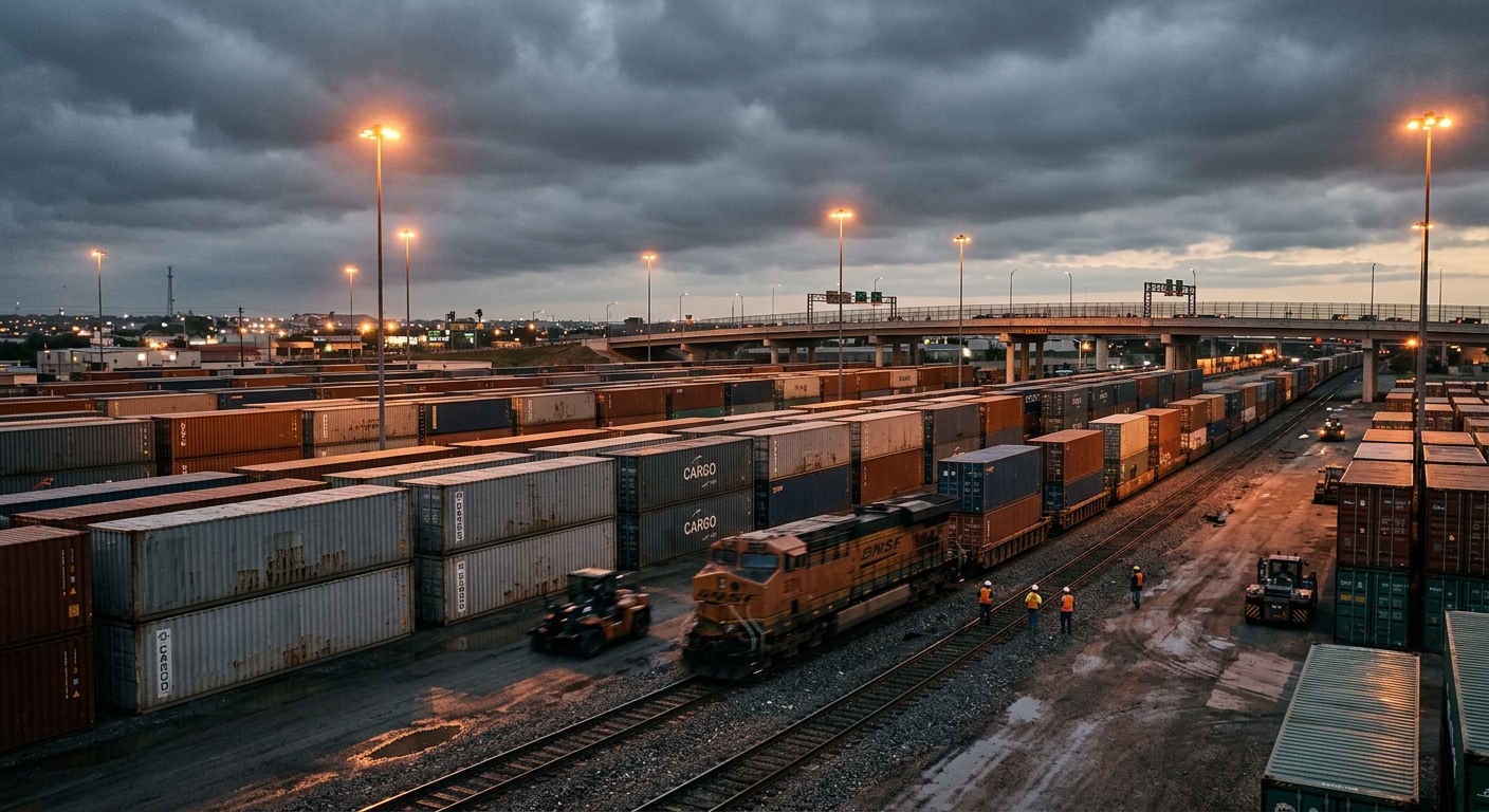 Cargo containers stacked at a US-Mexico border rail yard at dusk, freight train visible in the mid-ground