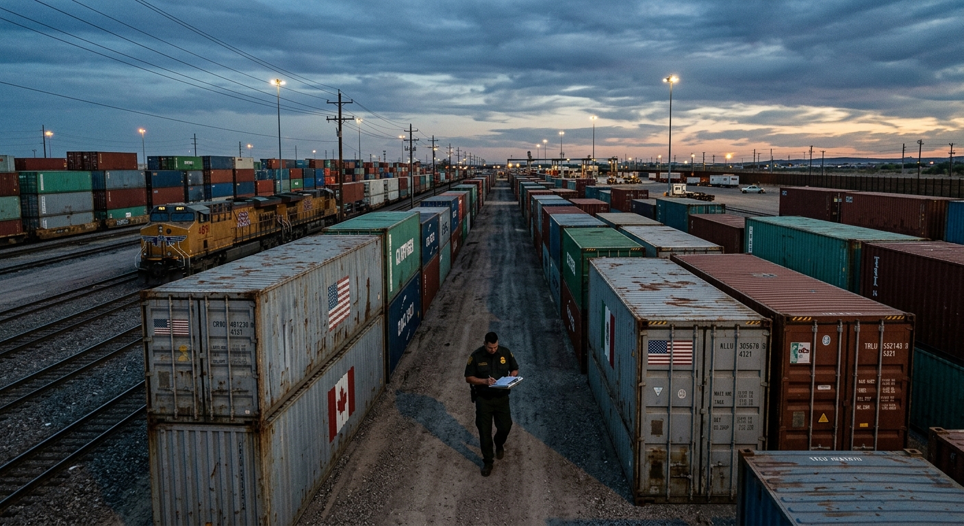 Cross-border rail yard at dusk with stacked containers marked USA, Mexico and Canada