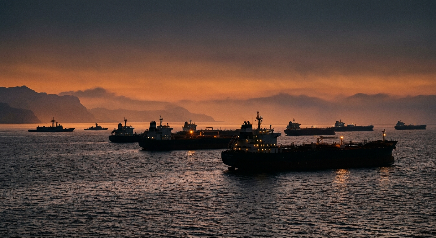 Tankers at anchor near the Strait of Hormuz at dusk