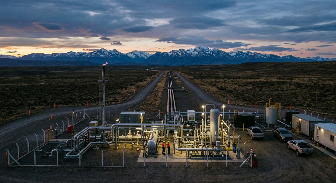 A gas compressor station at dusk on the Argentine pampa, with pipeline right-of-way stretching toward the Andes on the horizon.