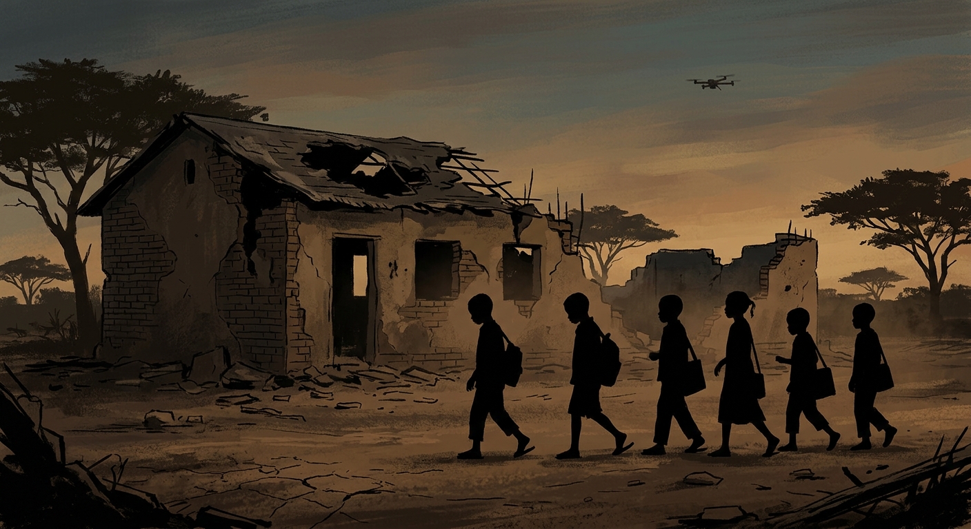 Silhouettes of Sudanese children beside a damaged school in Kordofan, a small drone visible above