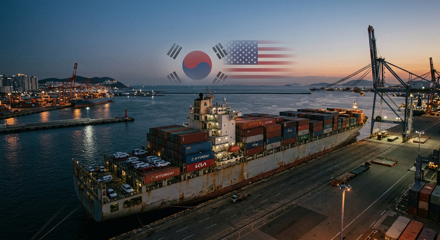 Container ship at the Port of Busan loaded with Korean-made autos, with subtle Korean and US flag overlays on the horizon