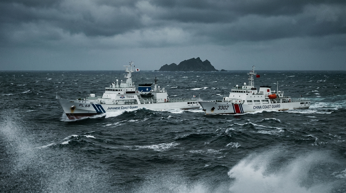 Editorial illustration: a Japanese coast guard patrol ship and a Chinese coast guard cutter shadowing each other in choppy East China Sea waters near a small rocky uninhabited island silhouette on the horizon, overcast sky, wide cinematic frame, muted blue-grey palette, documentary photojournalism aesthetic