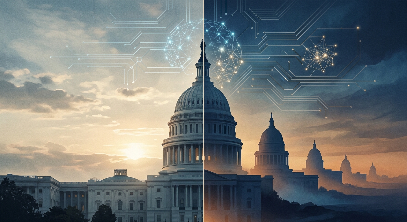 Editorial illustration: U.S. Capitol dome contrasted with state capitols, faint circuit-board neural network overlay