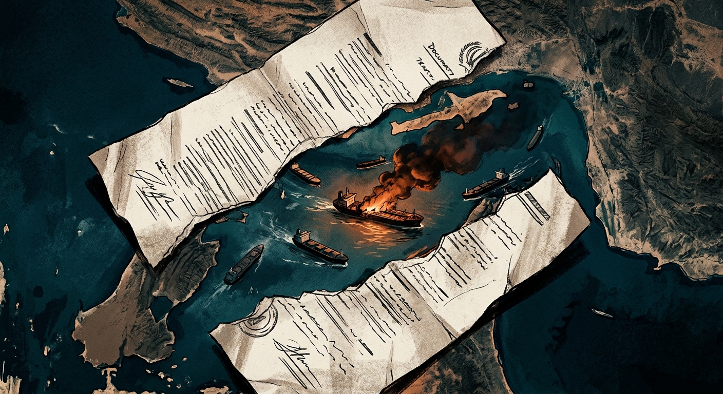 Editorial illustration: a torn diplomatic document overlaid on a satellite view of the Strait of Hormuz with oil tankers, one on fire; muted blues and oranges, no text visible on the document