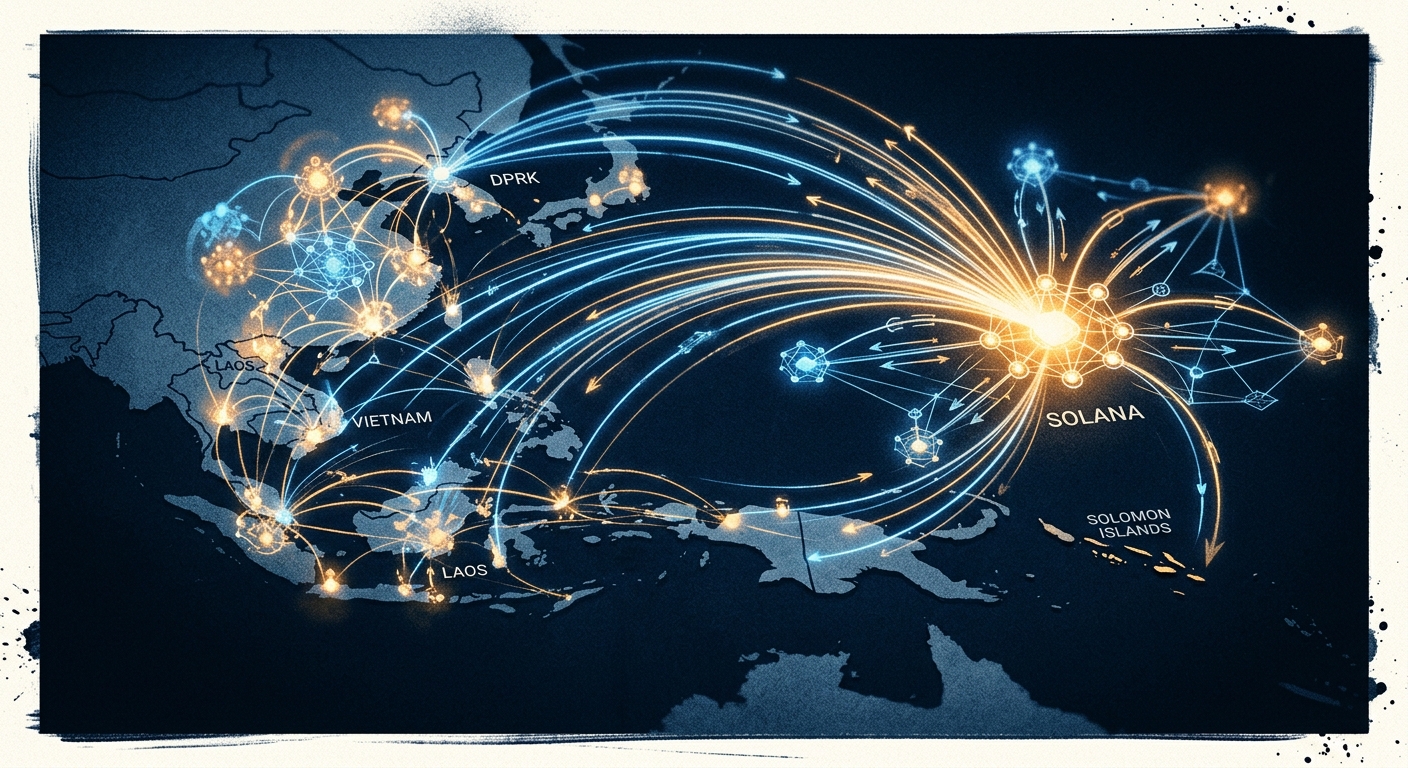 Editorial illustration: a stylized on-chain wallet graph over a map of the DPRK-Vietnam-Laos-Solana corridor, node clusters glowing to show fund flows converging, monochrome blue and amber