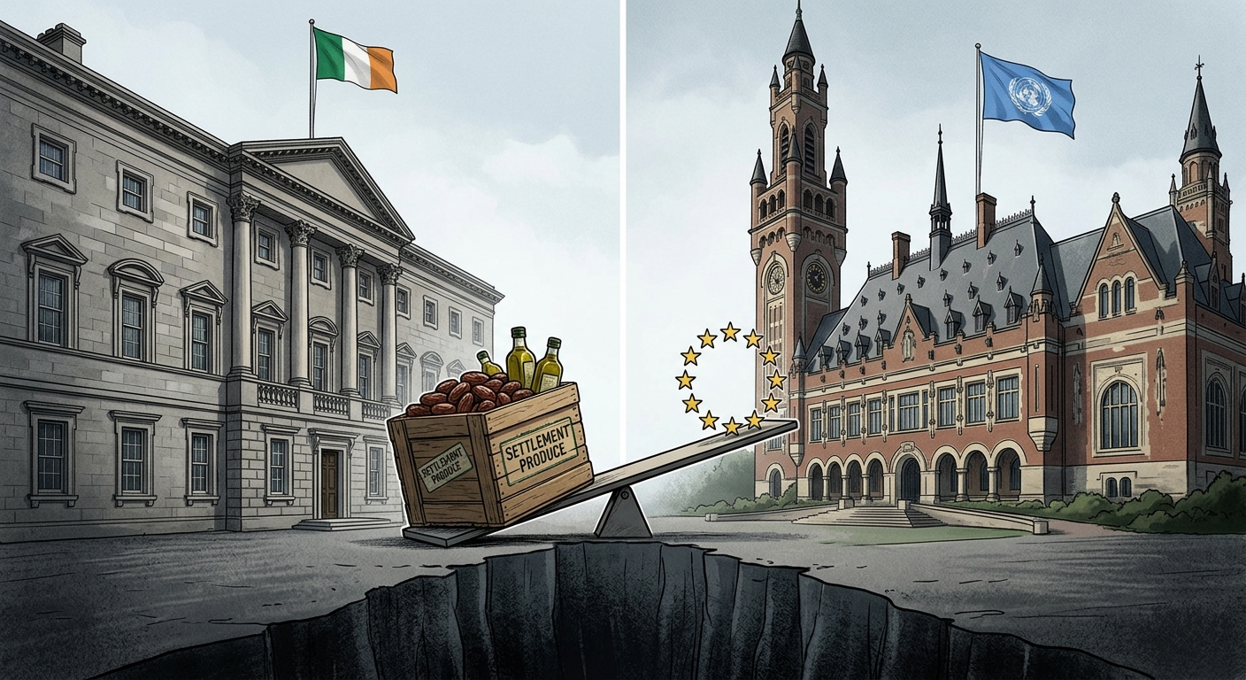 Editorial illustration: Leinster House, Dublin, and the ICJ Peace Palace, The Hague, bridged by a legal scale weighing settlement produce against the EU emblem.