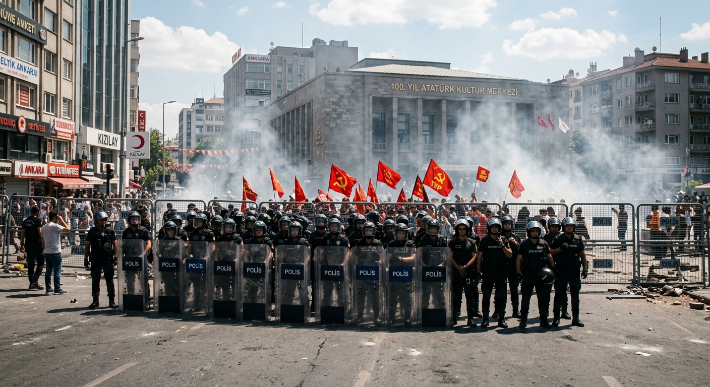 Turkish riot police in Kızılay Square amid tear gas during anti-NATO protests, July 2026