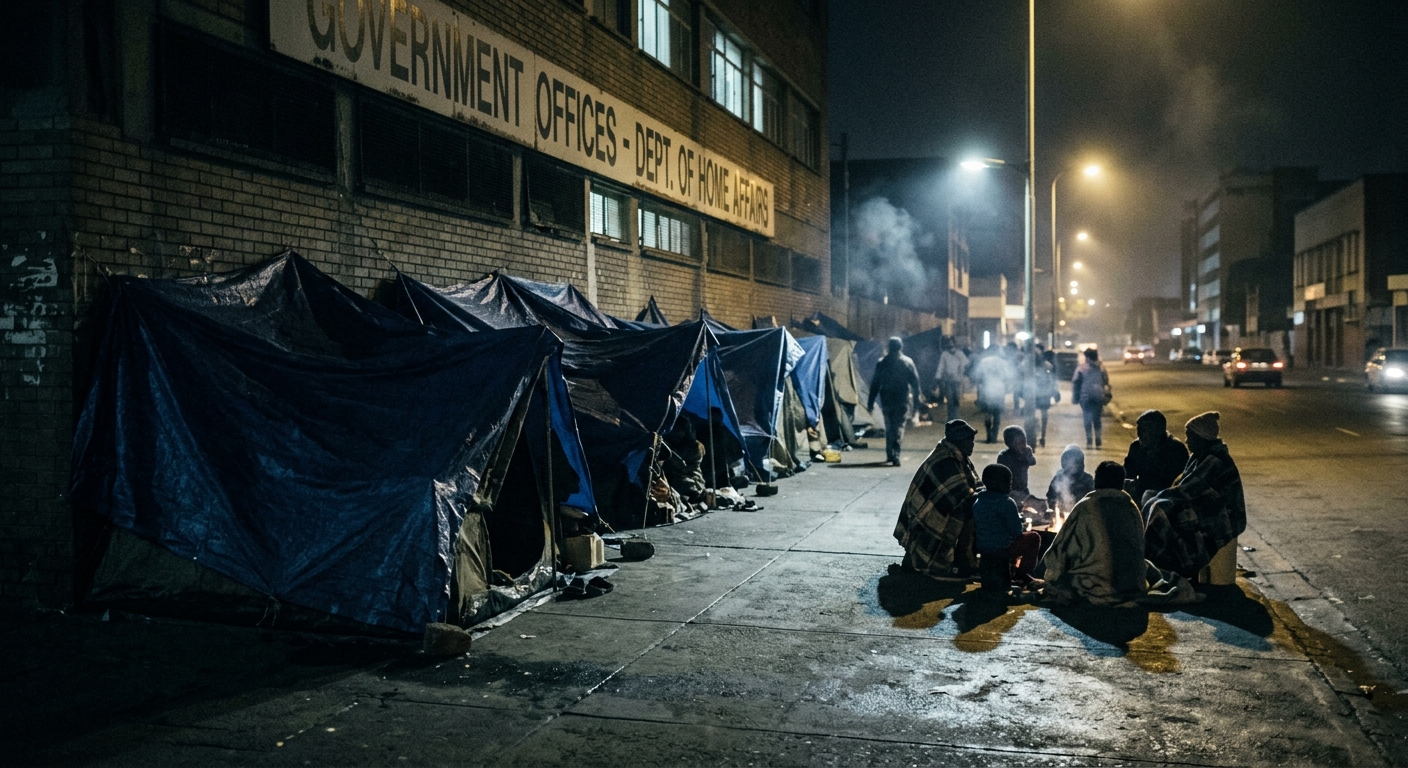 A cold winter night on Che Guevara Road in central Durban: refugee families camped on the pavement outside Home Affairs